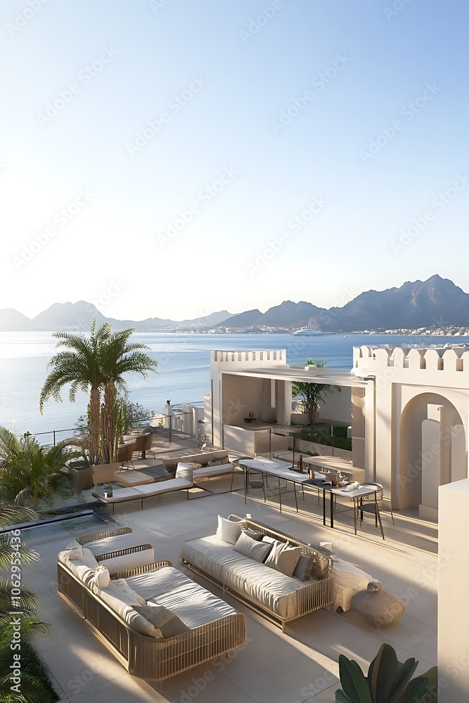 Fototapeta premium Modern Patio with Ocean View and Lounging Furniture