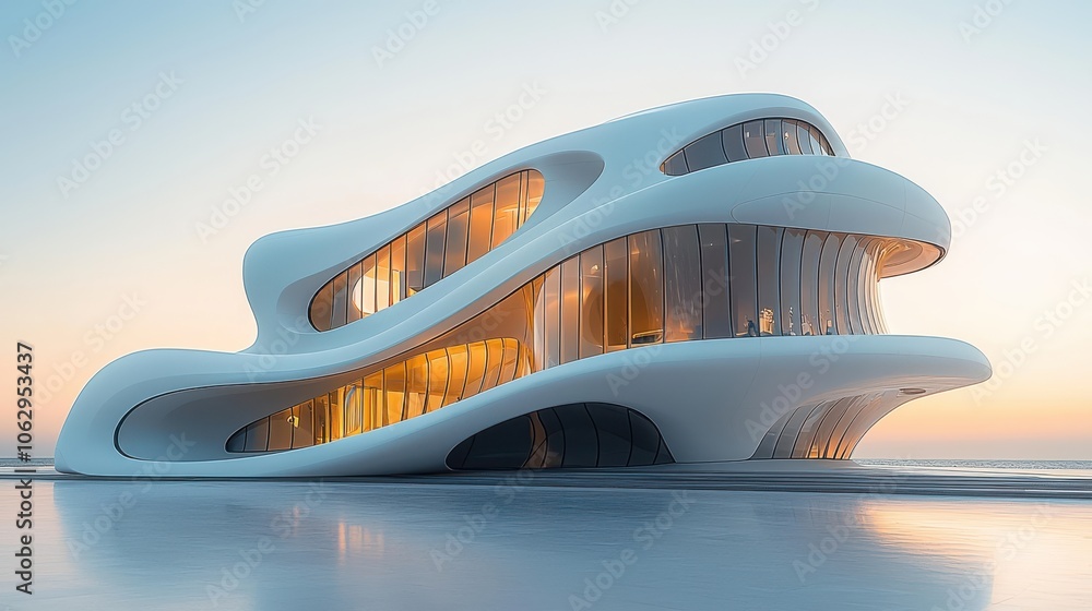 Futuristic building with glass facade at sunset Futuristic building with glass facade at sunset