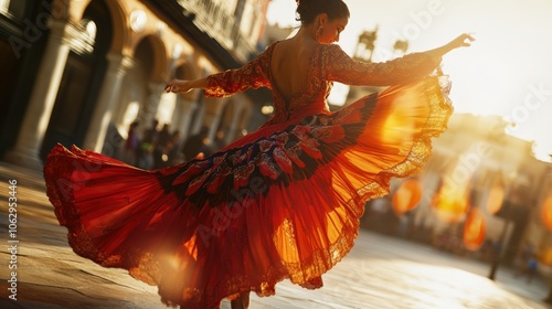 Woman dances in red dress, sunset.