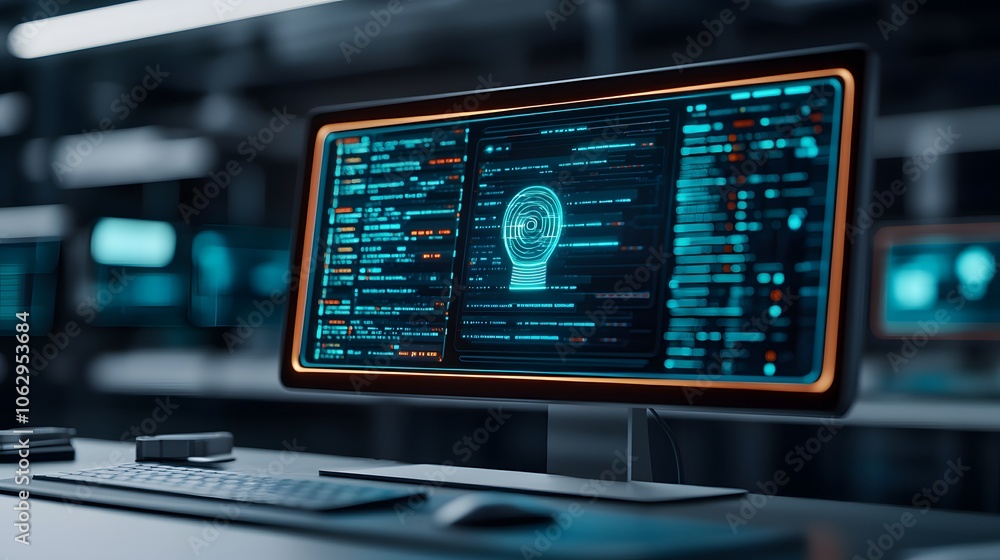 Obraz premium A sleek computer screen displays futuristic code and a digital face, highlighting themes of AI, technology, and advanced computing.