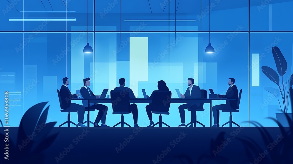 A meeting room with executives discussing financial strategies, with empty space for text A meeting room with executives discussing financial strategies, with empty space for text