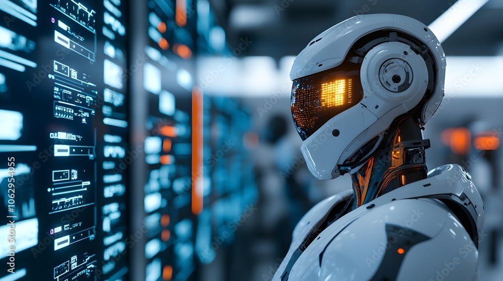 A futuristic robot with glowing features stands against a backdrop of digital screens, symbolizing advanced technology and artificial intelligence. A futuristic robot with glowing features stands against a backdrop of digital screens, symbolizing advanced technology and artificial intelligence.