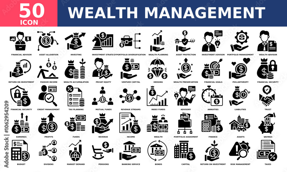 Wealth Management icon collection set. Simple glyph vector. Wealth Management icon collection set. Simple glyph vector.