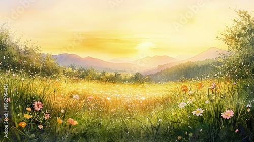 Lush green summer meadow filled with wildflowers bathed in warm golden sunset light, perfect for an idyllic nature background design.