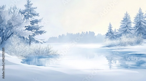 Hand-painted watercolor of a serene winter landscape, with snow-covered trees and a frozen lake reflecting the pale blue sky, creating a calm and quiet scene.