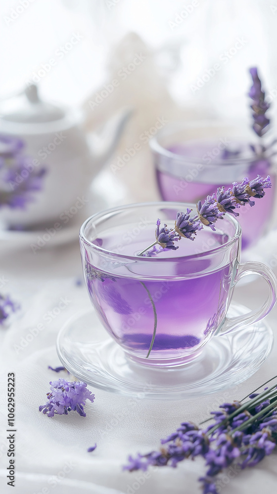 Lavender tea in clear glass cup with lavender sprigs Lavender tea in clear glass cup with lavender sprigs