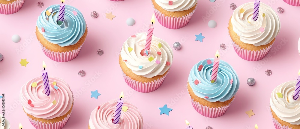 Colorful cupcakes with candles on pink background Colorful cupcakes with candles on pink background