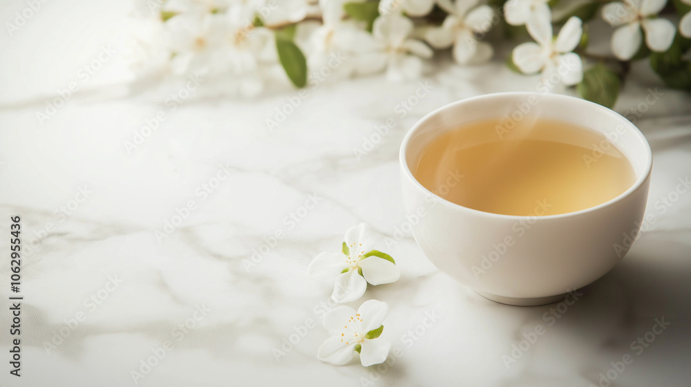 Jasmine tea in a white cup with fresh flowers Jasmine tea in a white cup with fresh flowers