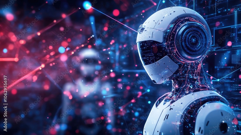 AI robots in digital space with a futuristic technology theme, designed for banners. This composition highlights AI robots within a vast digital space, emphasizing futuristic elements. AI robots in digital space with a futuristic technology theme, designed for banners. This composition highlights AI robots within a vast digital space, emphasizing futuristic elements.