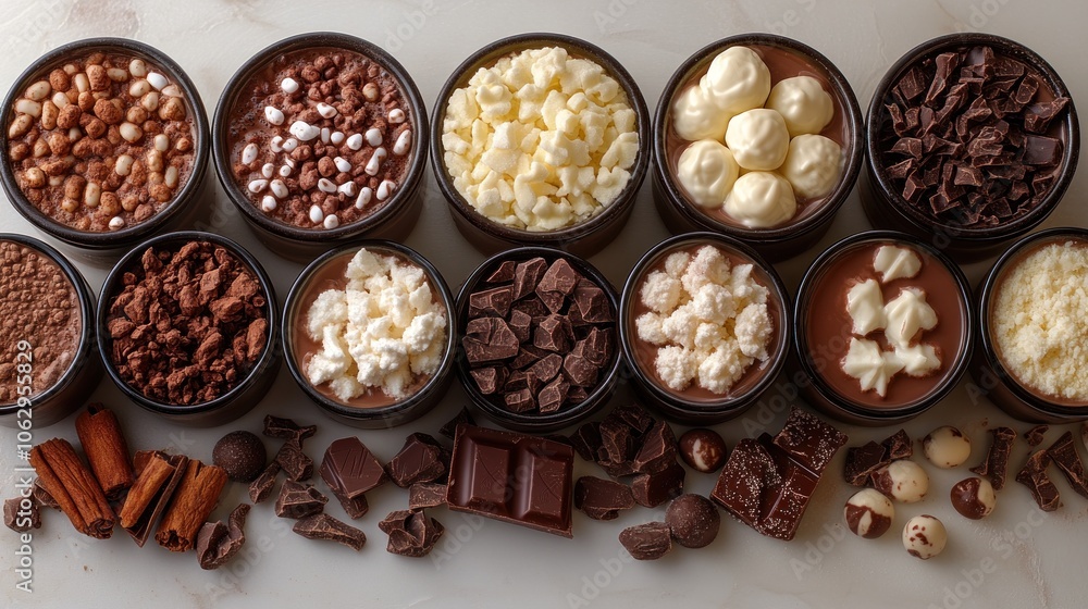 A variety of chocolate ingredients and toppings arranged in bowls. A variety of chocolate ingredients and toppings arranged in bowls.
