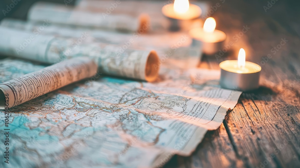 Naklejka premium Vintage maps on a wooden surface with candles, evoking a sense of adventure.