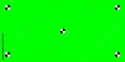 Greenscreen template. Green background with tracking black cross marks. Chromakey video technology to add visual effects or VFX in footage during movie post-production phase. Vector flat illustration.