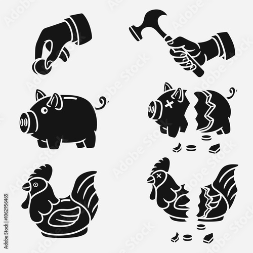 set of piggy bank good for icons, symbol, silhouette design, etc