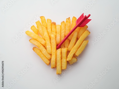 Fast Food Day. A heart-shaped arrangement made of french fries with an arrow piercing through the middle isolated on a white background.  photo