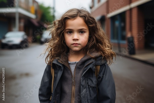 Portrait of a little girl with curly hair on the street.