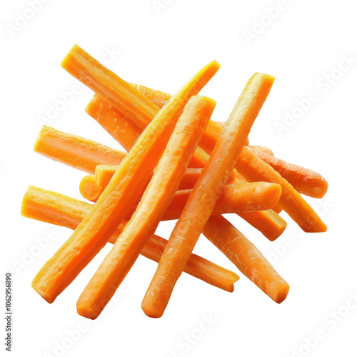 Fresh orange carrot sticks on a white isolated background.