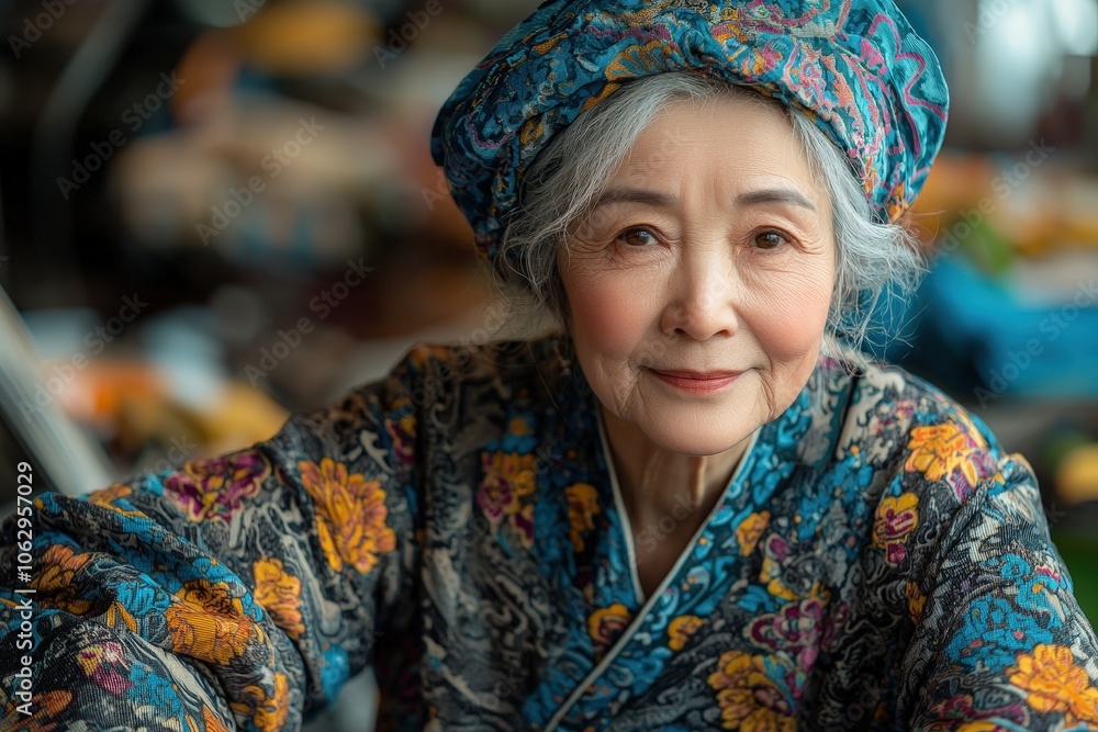 Elderly woman in colorful traditional attire with a warm smile Elderly woman in colorful traditional attire with a warm smile