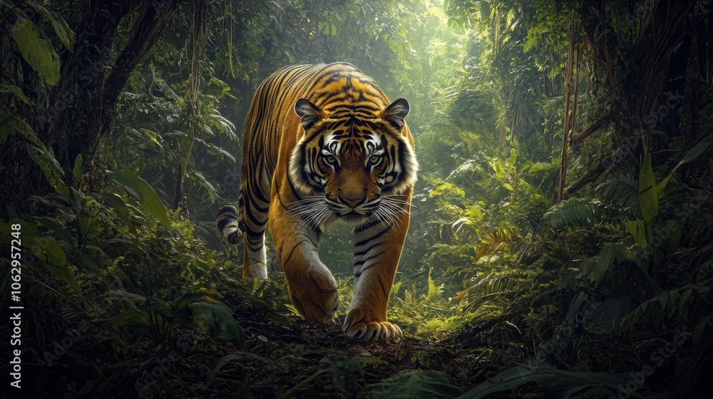A wild tiger walking silently in a dense jungle, surrounded A wild tiger walking silently in a dense jungle, surrounded