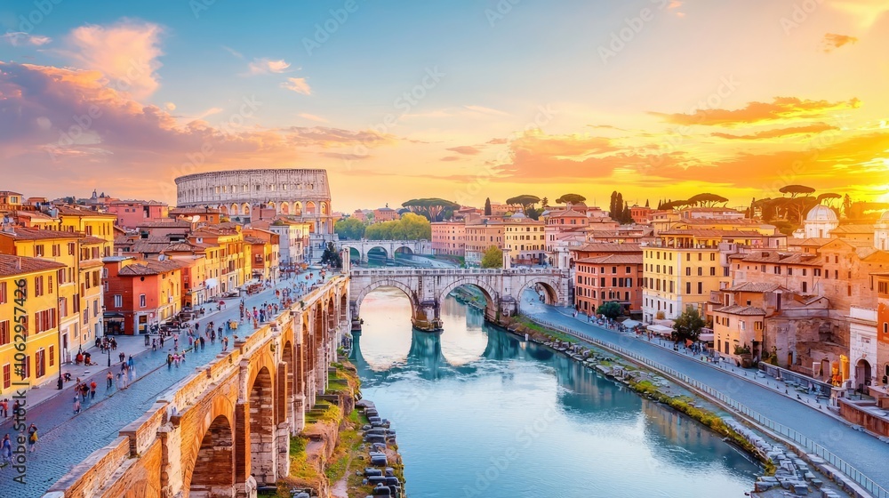 Obraz premium Stunning sunset over tranquil river, showcasing ancient architecture and vibrant city life.