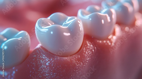 A close-up view of white dental teeth on a pink gum base, highlighting the glossy texture and detail of the dental anatomy.