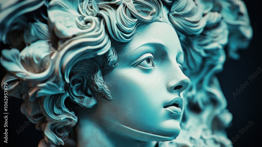 Close-up of a blue, sculpted female face. Close-up of a blue, sculpted female face.
