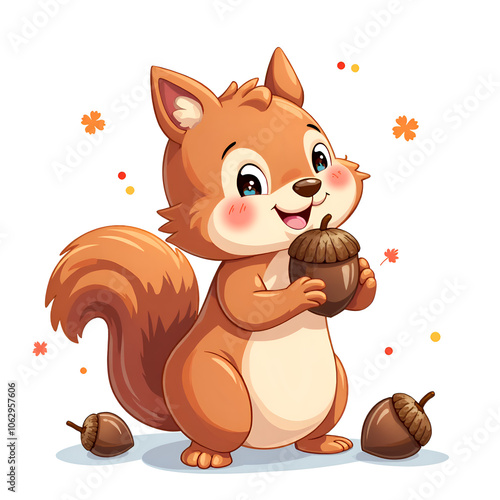 This cheerful squirrel enjoys acorns in a vibrant autumn landscape full of fun, digital illustration of character design concept.