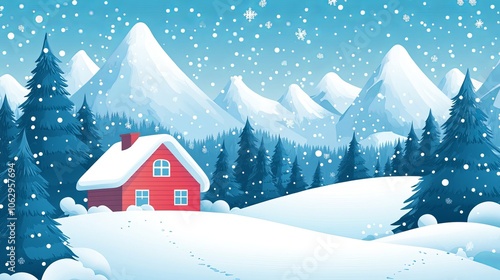 A winter wonderland scene with snow-covered hills and mountains. A cozy house is nestled among towering pine trees, making for a perfect winter wallpaper.