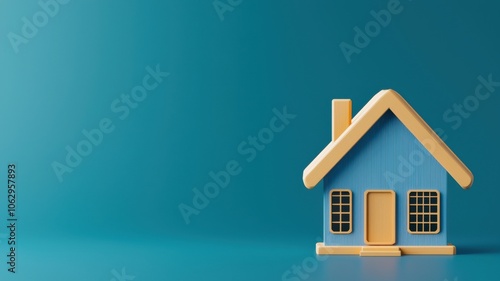 Wallpaper Mural A small, blue wooden house model rests on a teal background, showcasing a simple design with large windows and a sloped roof. Torontodigital.ca