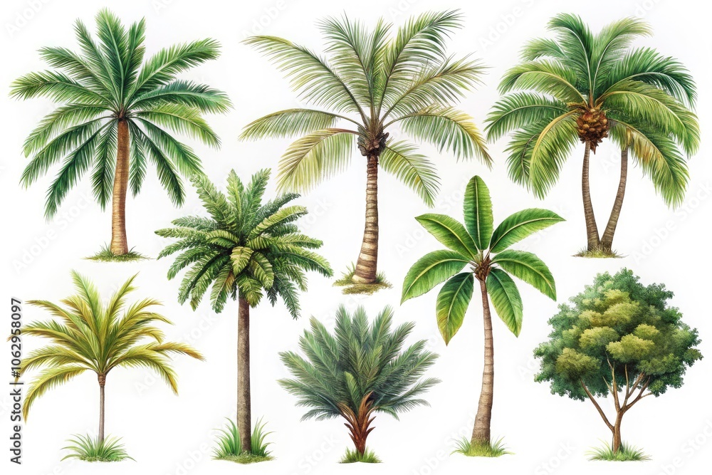 Obraz premium Hand-Drawn Palm Tree Illustrations Set - Eight Unique Styles, Various Leaf Shapes, White Background, Perfect for Tropical Themes, Nature Art, Botanical Design, and Graphic Projects
