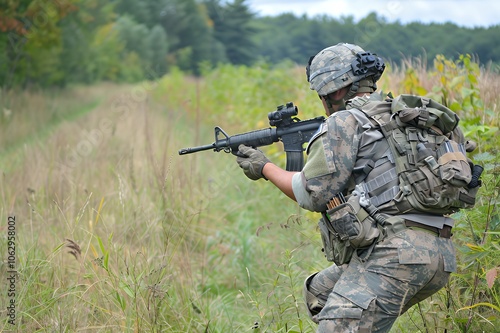 A soldier in camouflage gear runs through a grassy field, holding a rifle.