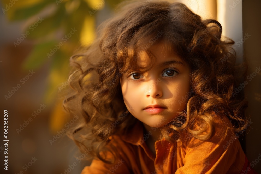 Portrait of a cute little girl with curly hair in orange shirt at home Portrait of a cute little girl with curly hair in orange shirt at home