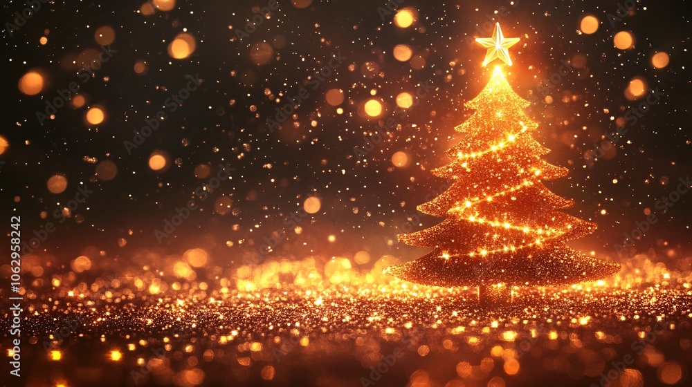 Obraz premium A glowing Christmas tree adorned with lights sparkles amidst shimmering particles in a festive atmosphere.