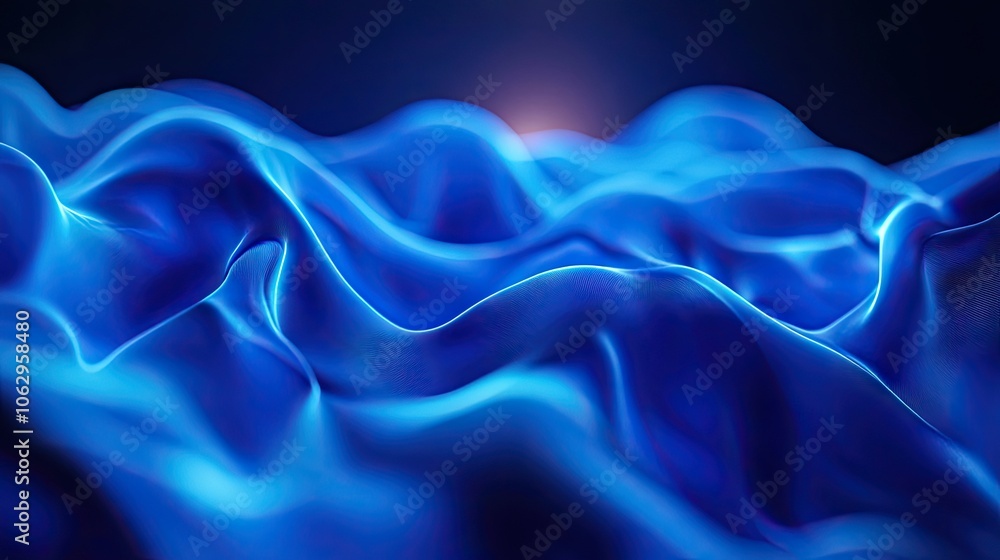 Obraz premium Neon blue waves create a captivating abstraction against a dark background, emphasizing the dynamic flow of neon blue hues with ample copy space for creative use.
