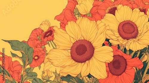 Yellow and orange flowers with green leaves.