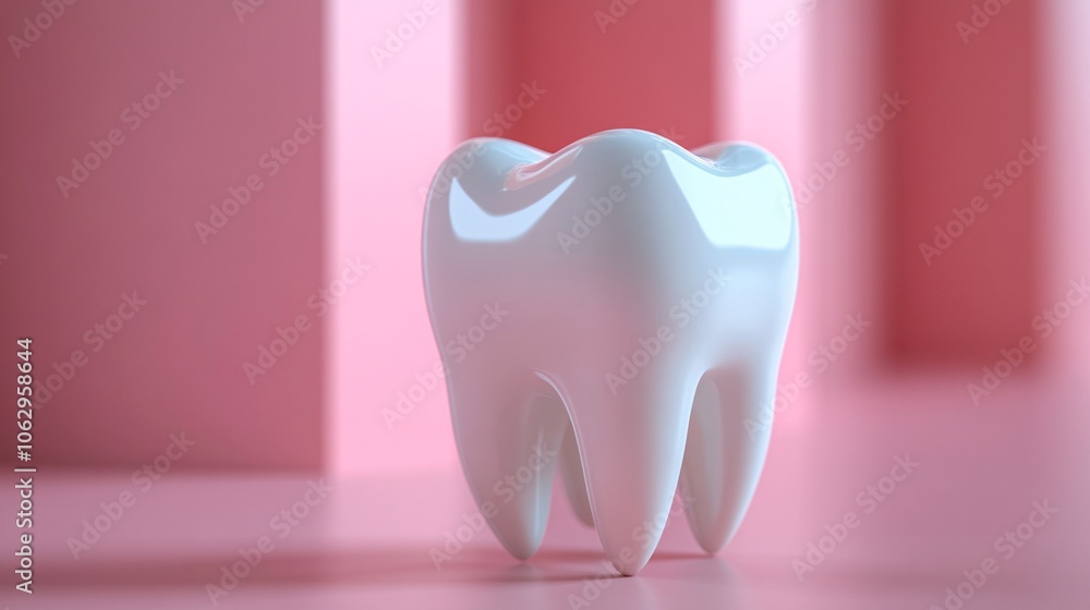 A glossy white tooth model against a pink background, symbolizing dental health and hygiene, ideal for educational and promotional purposes in dentistry. A glossy white tooth model against a pink background, symbolizing dental health and hygiene, ideal for educational and promotional purposes in dentistry.