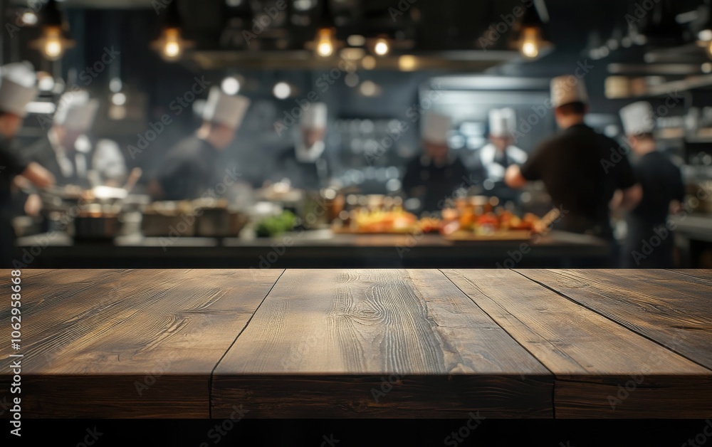 Capture a high-resolution photo of a bustling restaurant kitchen, where chefs are actively preparing dishes on wooden tables. Capture a high-resolution photo of a bustling restaurant kitchen, where chefs are actively preparing dishes on wooden tables.