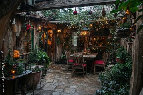 The interior of a rustic room decorated for New Year's Eve celebration, Cristmas theme