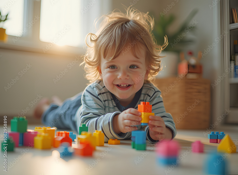 Cheerful toddler playing with colorful building blocks in sunlit room Cheerful toddler playing with colorful building blocks in sunlit room