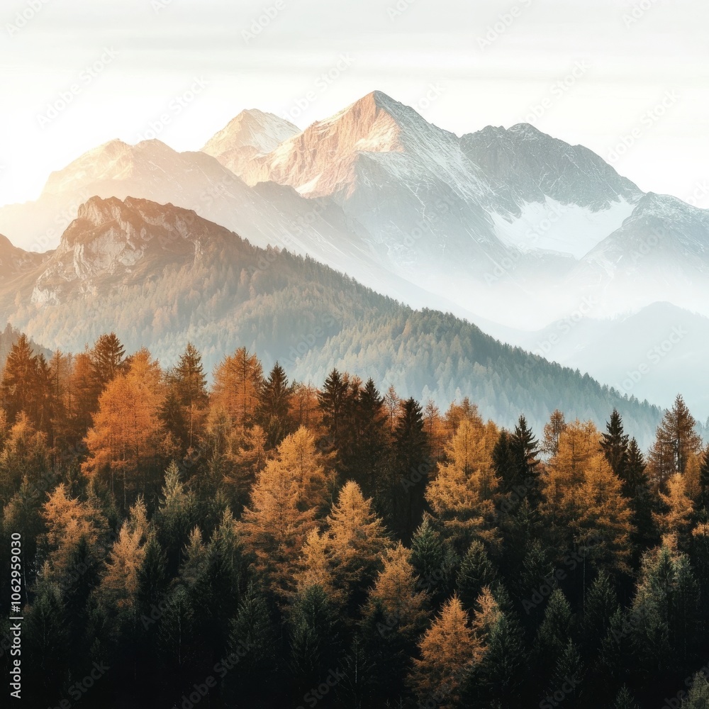 Obraz premium Mountain peaks above treetops, autumn tapestry