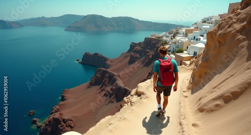 Male hiker exploring Santorini, Greece in deep emerald and teal tones, with gravity-defying landscape. Hasselblad X1D captured in 8k resolution. photo