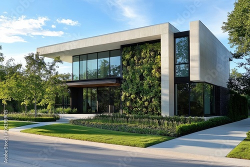 Modern home exterior with clean lines, large windows, vertical garden, sleek facade, minimalist landscaping, clear sky