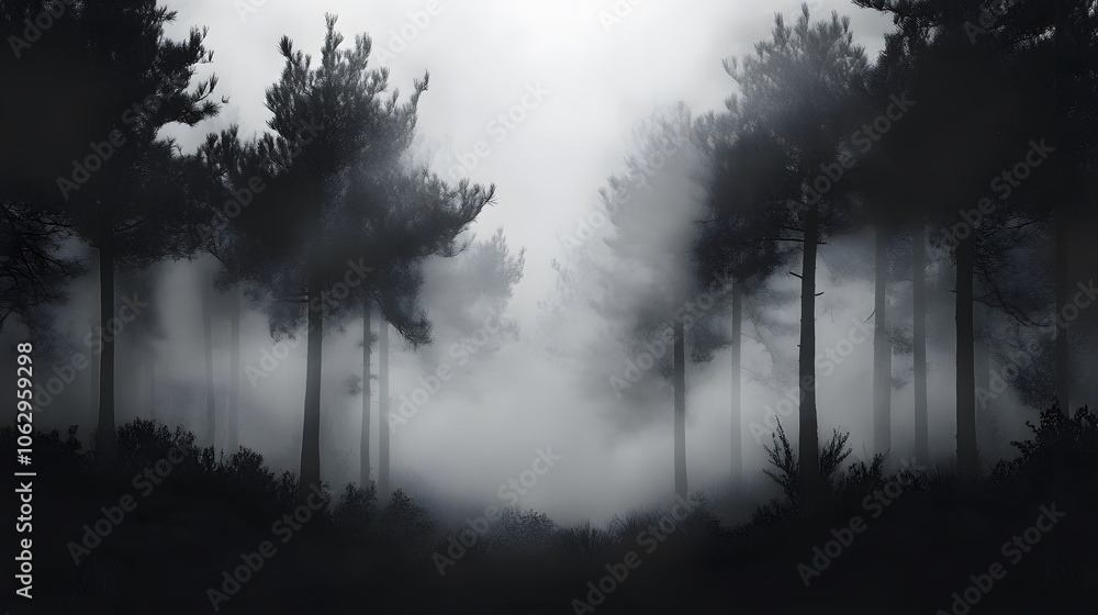 Silhouetted Pine Trees in a Foggy Forest Silhouetted Pine Trees in a Foggy Forest