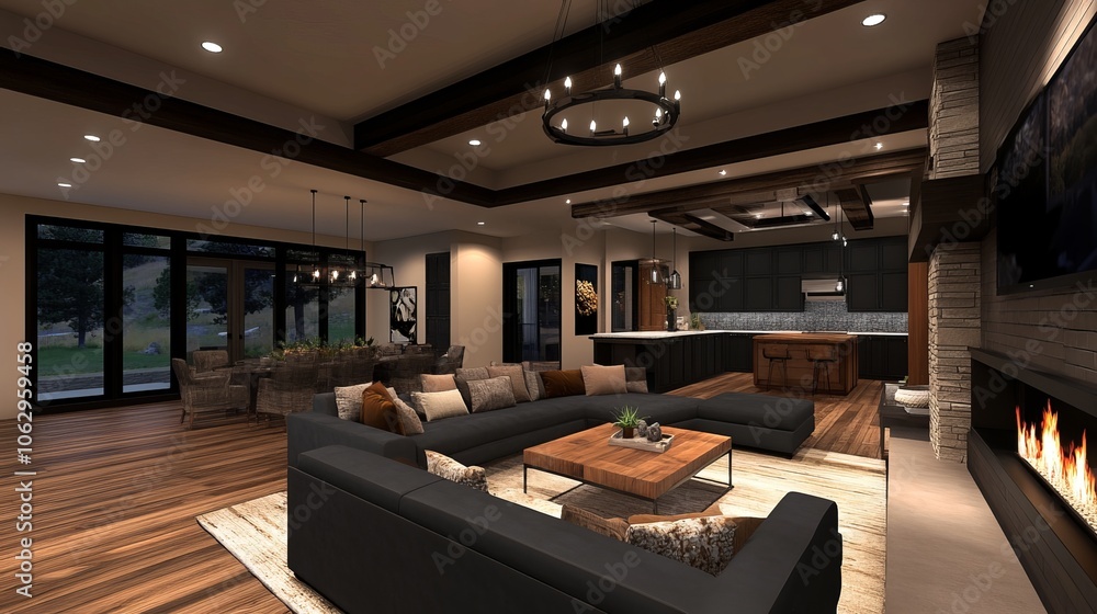 A spacious living room with a dark color scheme has a fireplace and is designed in an industrial style. This image was created using 3D rendering software. A spacious living room with a dark color scheme has a fireplace and is designed in an industrial style. This image was created using 3D rendering software.