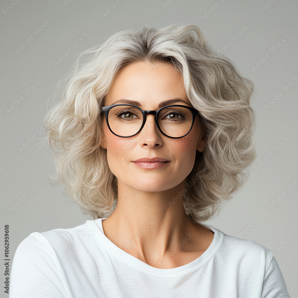 Obraz premium Elegant Mature Woman with Glasses in Studio Portrait