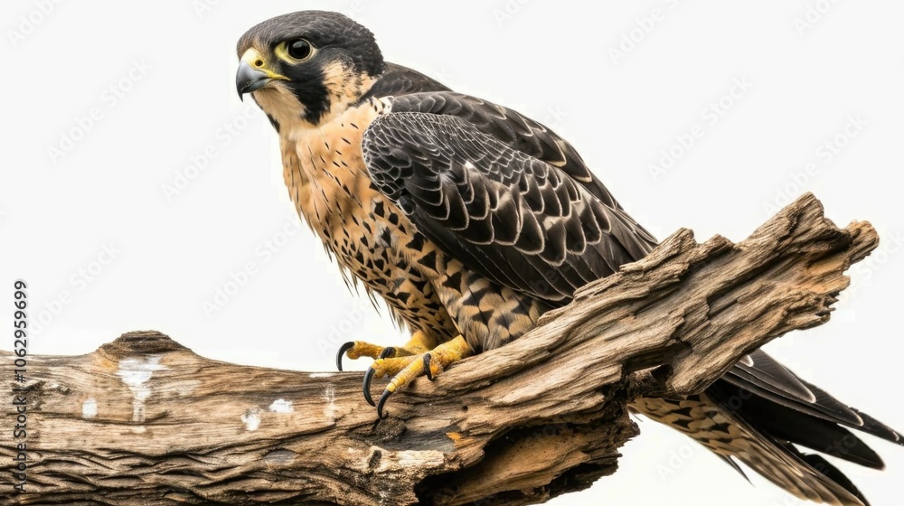 Peregrine falcon perched on a dead tree branch, showcasing its strong beak and sharp talons. This bird of prey is known for its exceptional speed and agility. Peregrine falcon perched on a dead tree branch, showcasing its strong beak and sharp talons. This bird of prey is known for its exceptional speed and agility.