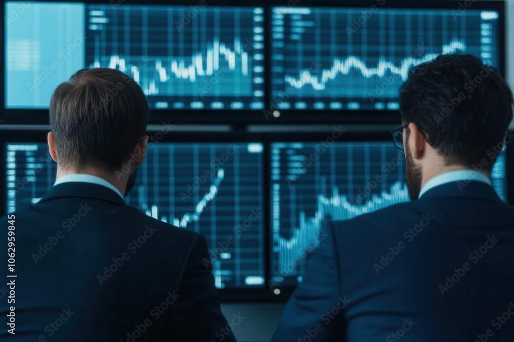 Two professionals analyze financial data on multiple screens displaying charts and graphs. Two professionals analyze financial data on multiple screens displaying charts and graphs.