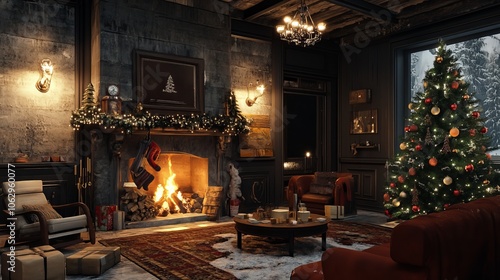 A stylish living room with a warm and inviting fireplace. There's a decorated Christmas tree and cozy festive decorations.