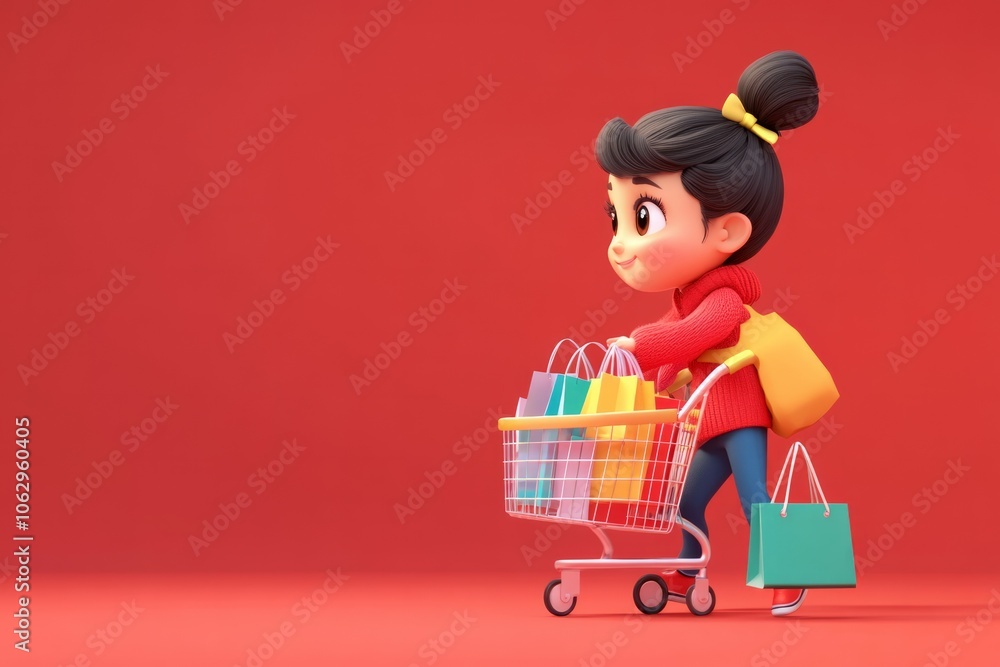 2d cartoon female character with shopping cart on red yellow warm tone background 2d cartoon female character with shopping cart on red yellow warm tone background