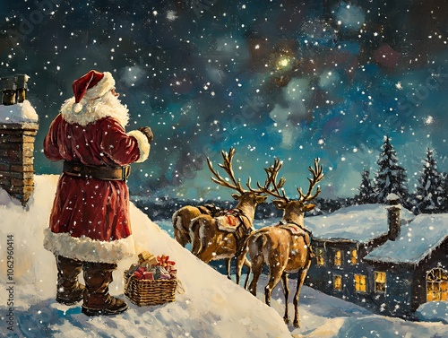 Santa Claus stands on a snowy rooftop, looking up at the night sky, with his reindeer waiting patiently in the snow.