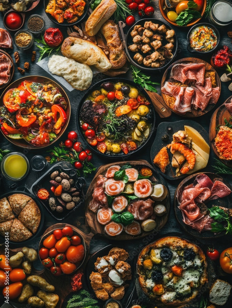 Variety of Italian foods on table. Variety of Italian foods on table.